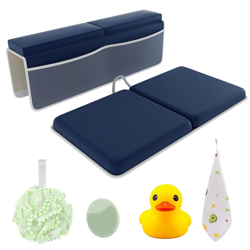 Sleepah Bath Kneeler and Elbow Kneeling Rest Pad Set for Baby Bathing Waterproof Soft Memory Foam Mat Organizer Babies Toddler Bathing Time Toys Sponge Blue