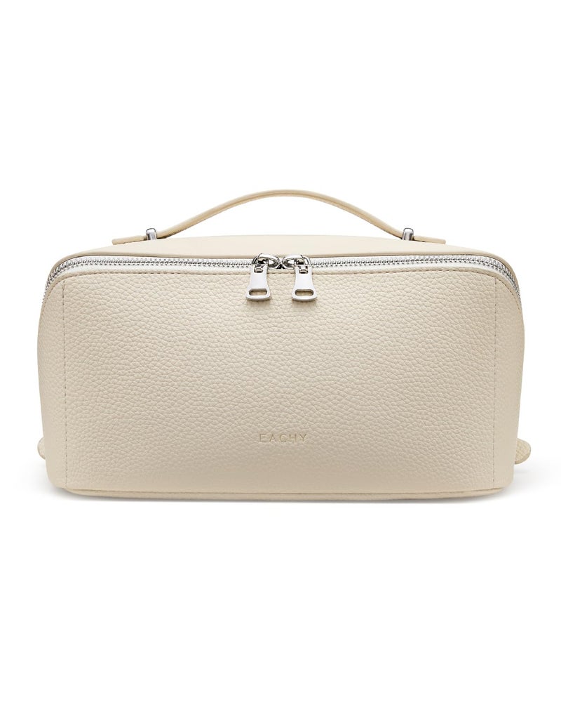 EACHY Travel Makeup Bag, Lychee Leather Large Capacity Cosmetic Bag for Women, Open Flat Toiletry Bag with TPU Brush Compartment, Waterproof Skincare Organizer Travel Essentials - Image 1