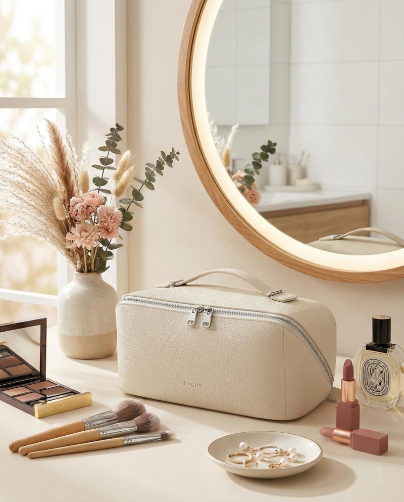 EACHY Travel Makeup Bag, Lychee Leather Large Capacity Cosmetic Bag for Women, Open Flat Toiletry Bag with TPU Brush Compartment, Waterproof Skincare Organizer Travel Essentials - Image 2