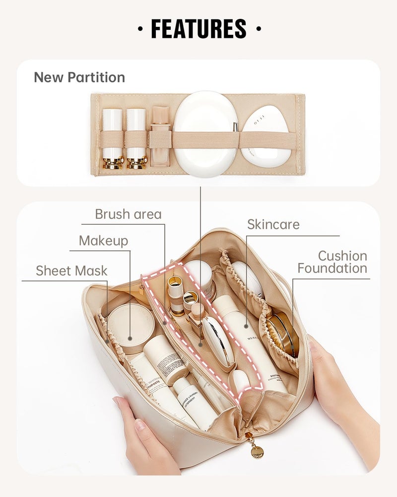 EACHY Travel Makeup Bag, Lychee Leather Large Capacity Cosmetic Bag for Women, Open Flat Toiletry Bag with TPU Brush Compartment, Waterproof Skincare Organizer Travel Essentials - Image 3