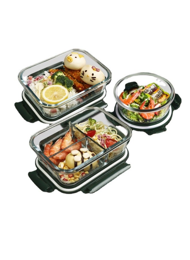 Glass Lunch Box Lunch Box Office Student Separated Microwave Heating Special Bowl Insulation Lunch Box Fresh-keeping Box-Specifications:dark Green Big Circle  - Image 5
