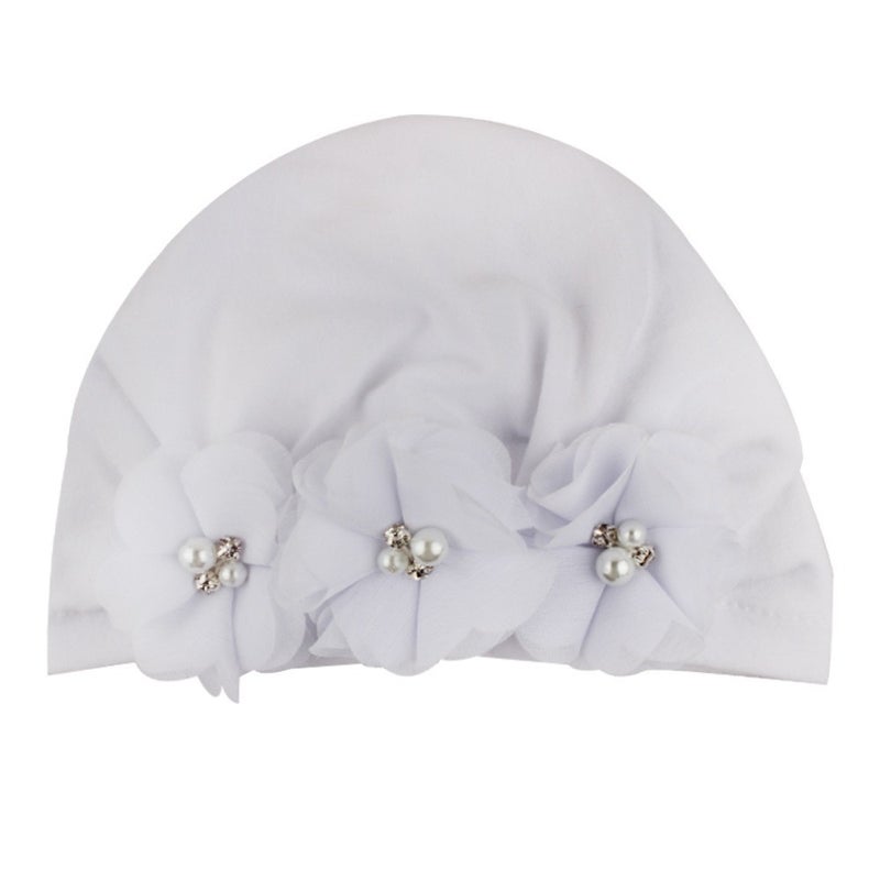 European and American autumn and winter New Baby creative chiffon bead hat soft and comfortable baby pullover hat childrens hair hat White - Image 1