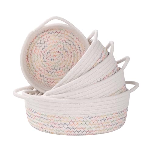 YMhoart Small Storage Woven Baskets Shelves Natural Cotton Rope Bins with Handle Toilet Tank Paper for Countertop Cute Gifts Organizing Mini Nursery 5 Set box (White&colored lines) - Image 5