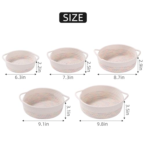 YMhoart Small Storage Woven Baskets Shelves Natural Cotton Rope Bins with Handle Toilet Tank Paper for Countertop Cute Gifts Organizing Mini Nursery 5 Set box (White&colored lines) - Image 4