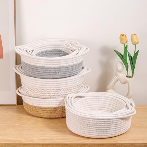 YMhoart Small Storage Woven Baskets Shelves Natural Cotton Rope Bins with Handle Toilet Tank Paper for Countertop Cute Gifts Organizing Mini Nursery 5 Set box (White&colored lines) - Image 3