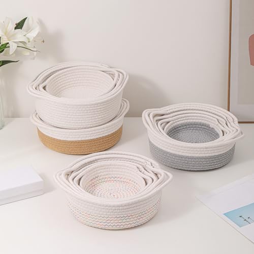 YMhoart Small Storage Woven Baskets Shelves Natural Cotton Rope Bins with Handle Toilet Tank Paper for Countertop Cute Gifts Organizing Mini Nursery 5 Set box (White&colored lines) - Image 2