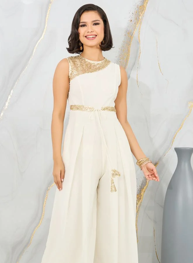 ستايلي Sequin Detail Box Pleat Wide Leg Jumpsuit with Self Tie Up