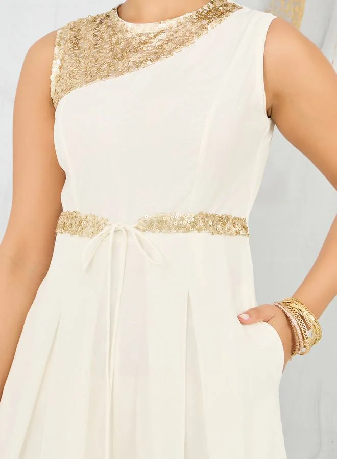 ستايلي Sequin Detail Box Pleat Wide Leg Jumpsuit with Self Tie Up