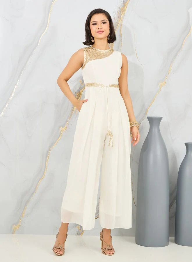 ستايلي Sequin Detail Box Pleat Wide Leg Jumpsuit with Self Tie Up