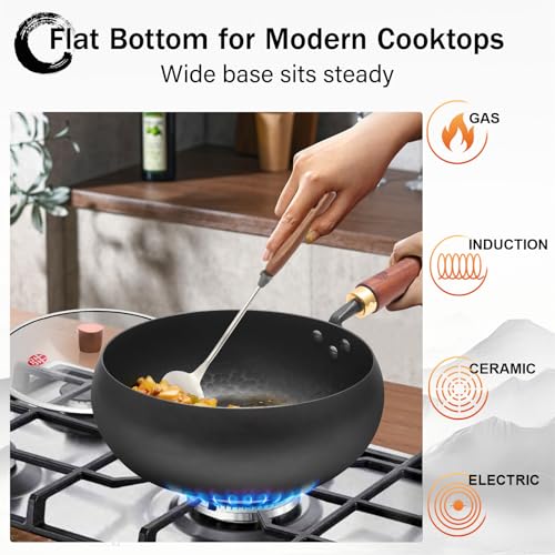 WANGYUANJI Carbon Steel Wok Pan Flat Bottom Iron Stir Fry Pan Induction Cookware 9.5 Inch Uncoated Small Traditional Skillet with Lid - Image 2