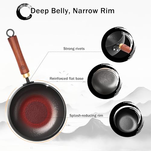 WANGYUANJI Carbon Steel Wok Pan Flat Bottom Iron Stir Fry Pan Induction Cookware 9.5 Inch Uncoated Small Traditional Skillet with Lid - Image 5