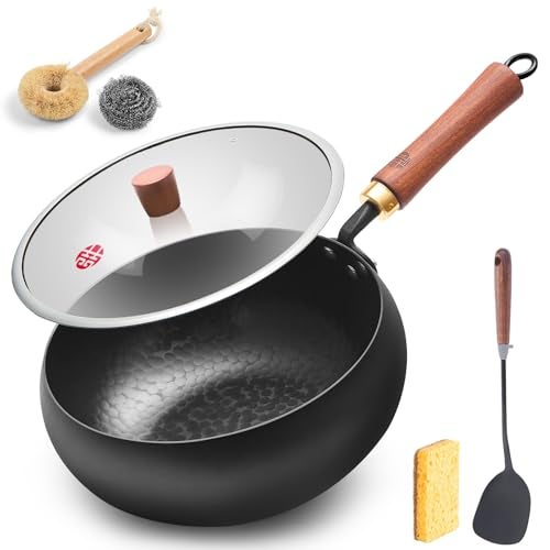 WANGYUANJI Carbon Steel Wok Pan Flat Bottom Iron Stir Fry Pan Induction Cookware 9.5 Inch Uncoated Small Traditional Skillet with Lid - Image 1