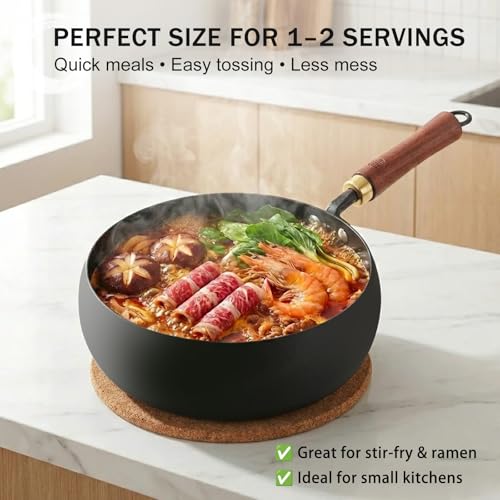 WANGYUANJI Carbon Steel Wok Pan Flat Bottom Iron Stir Fry Pan Induction Cookware 9.5 Inch Uncoated Small Traditional Skillet with Lid - Image 4