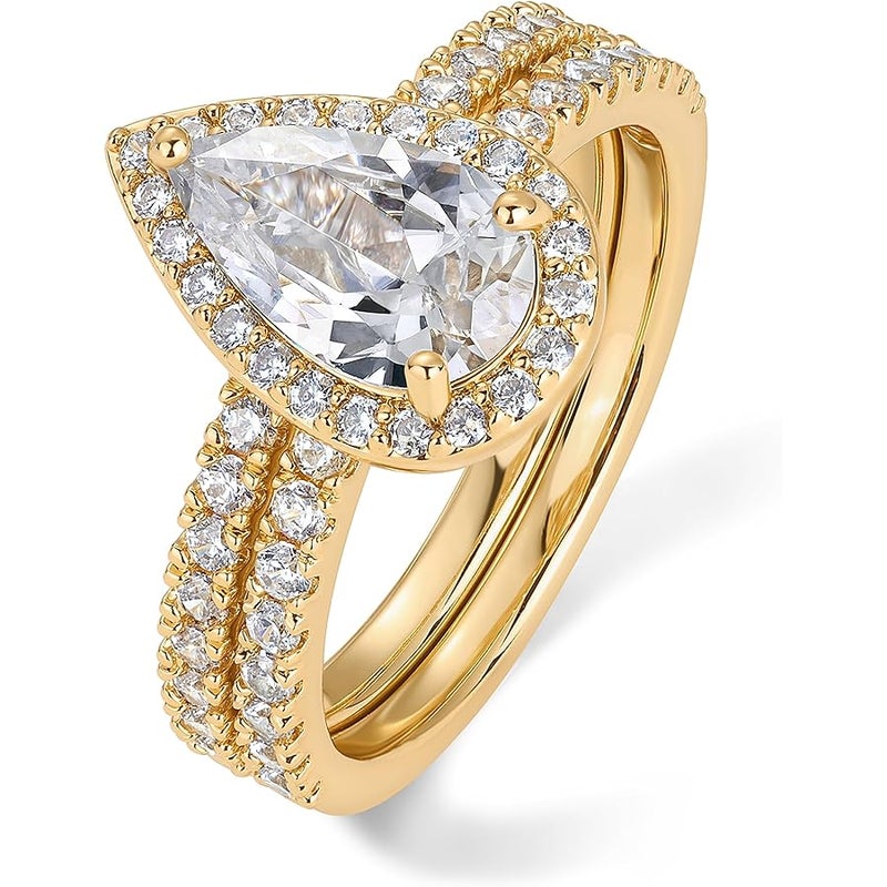 PAVOI 14K Gold Plated Pear Eternity Engagement Ring for Women | Hidden Halo Ring - Image 1