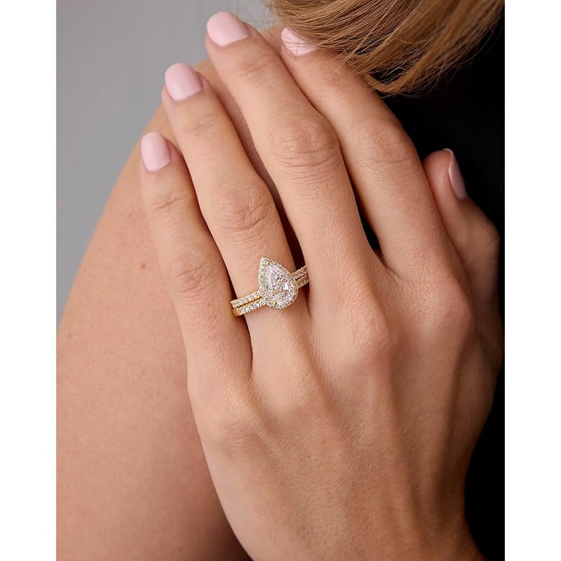 PAVOI 14K Gold Plated Pear Eternity Engagement Ring for Women | Hidden Halo Ring - Image 2