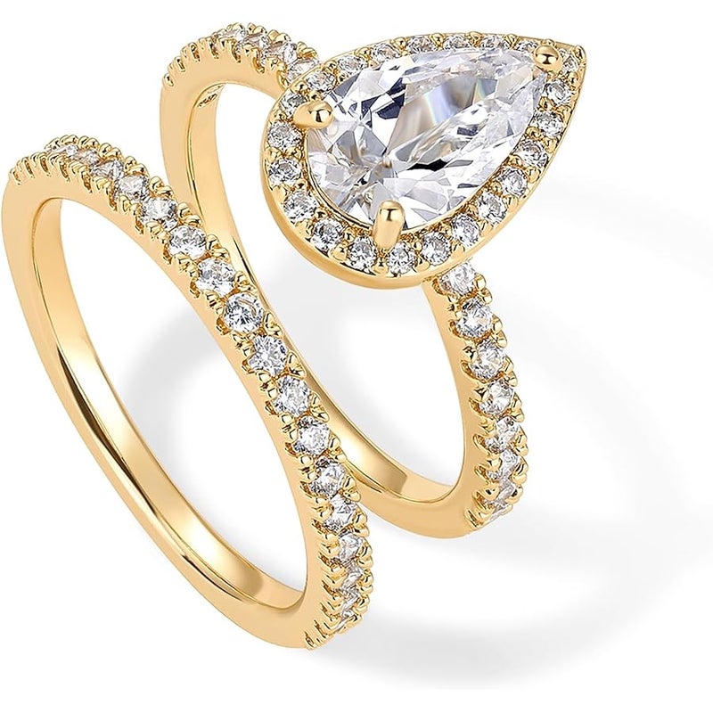 PAVOI 14K Gold Plated Pear Eternity Engagement Ring for Women | Hidden Halo Ring - Image 3