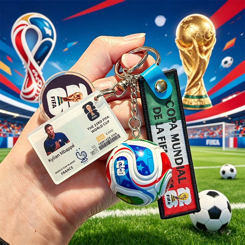 Football keychains featuring Messi, Neymar, Mbappe, and Ronaldo; US, Canada, and Mexico ornaments; 2026 World Cup small gifts.