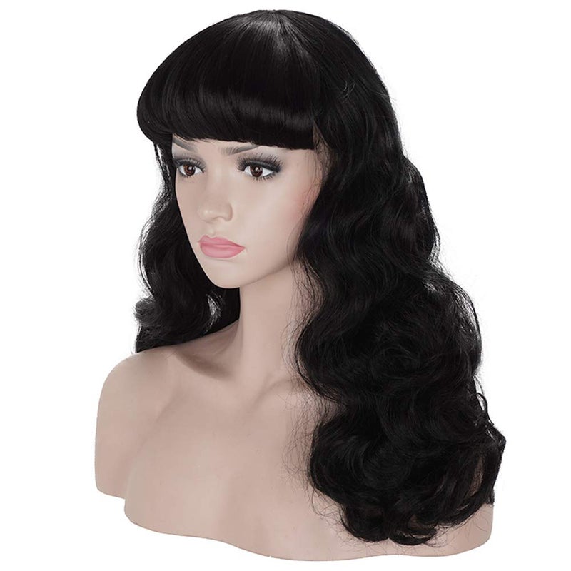 morvally 50s Vintage Medium Length Black Wigs with Bangs Natural Wavy Synthetic Hair Wig for Women Cosplay Halloween