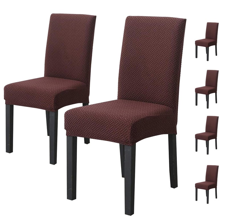 House of Quirk Elastic Jacquard Chair Cover Stretch Removable Washable Short Dining Chair Cover Protector Seat Slipcover (Pack of 6, Dark Brown) - Image 1