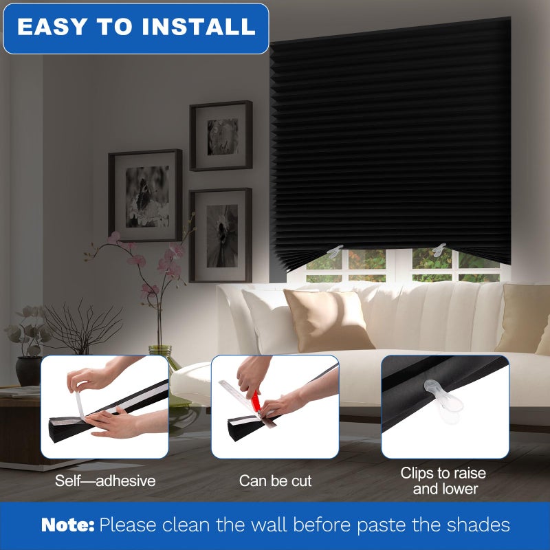 Blinhdome Blackout Paper Window Blinds 36" x 72" - 6 Pack Temporary Cordless Stick On Self-Adhesive No Drill Shades, Darkening Pleated Cover for Bedroom, Kitchen, Patio Door (Black, 100% Paper Material) - Image 4