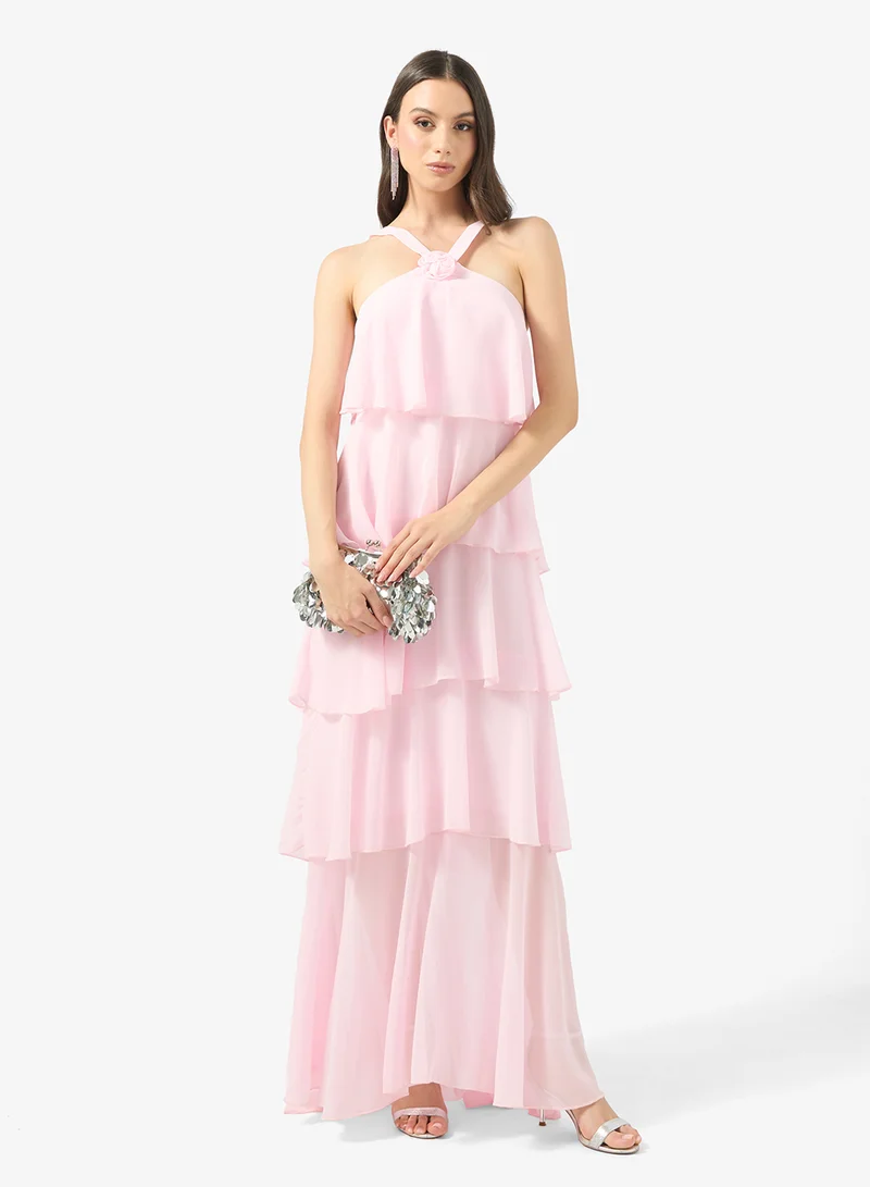 Ginger Boutique Halter Neck Crosage Detail Waterfall Ruffle Dress