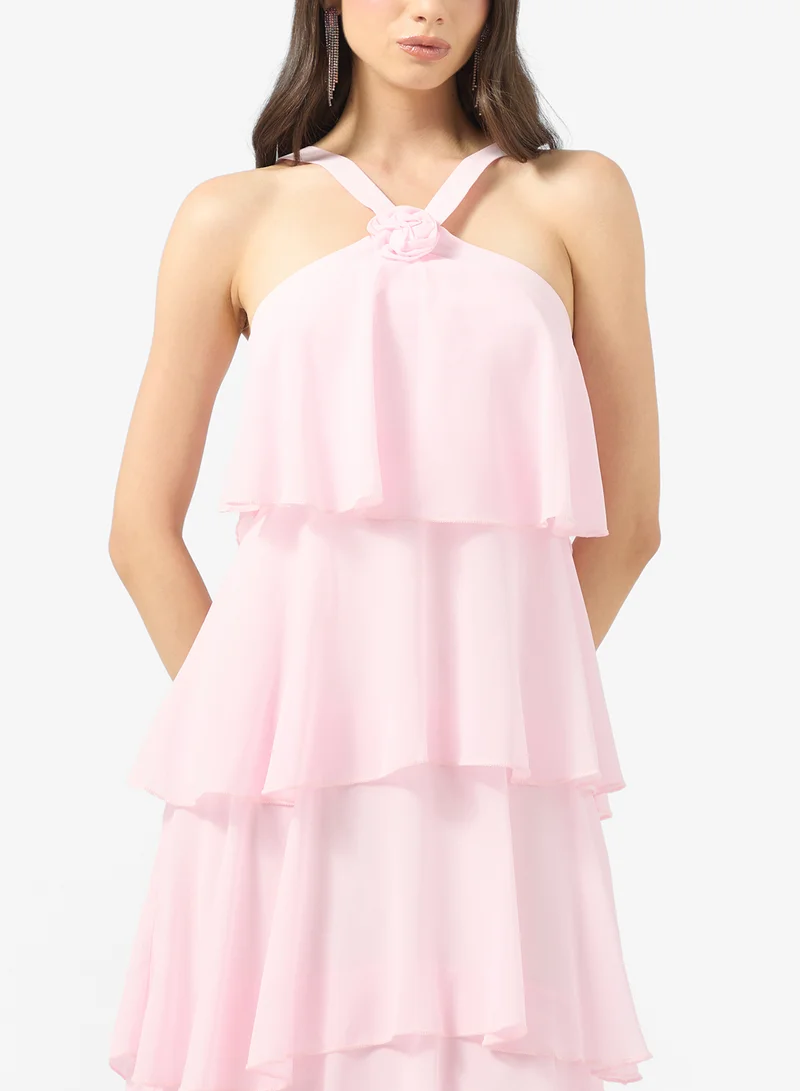 Ginger Boutique Halter Neck Crosage Detail Waterfall Ruffle Dress