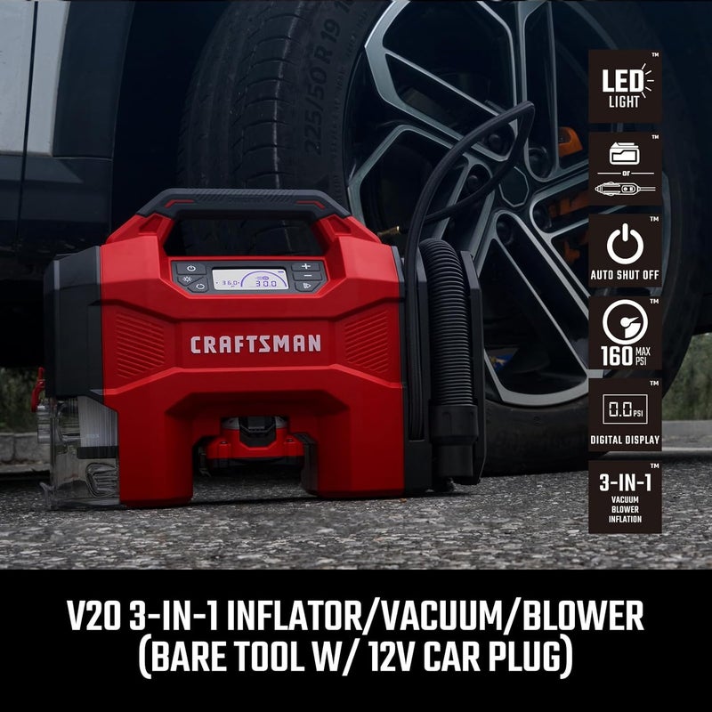 CRAFTSMAN 3-IN-1 Inflator/Vacuum/Blower - Portable Air Compressor with LED Light, 160 PSI for Car, RV, Truck - Image 2