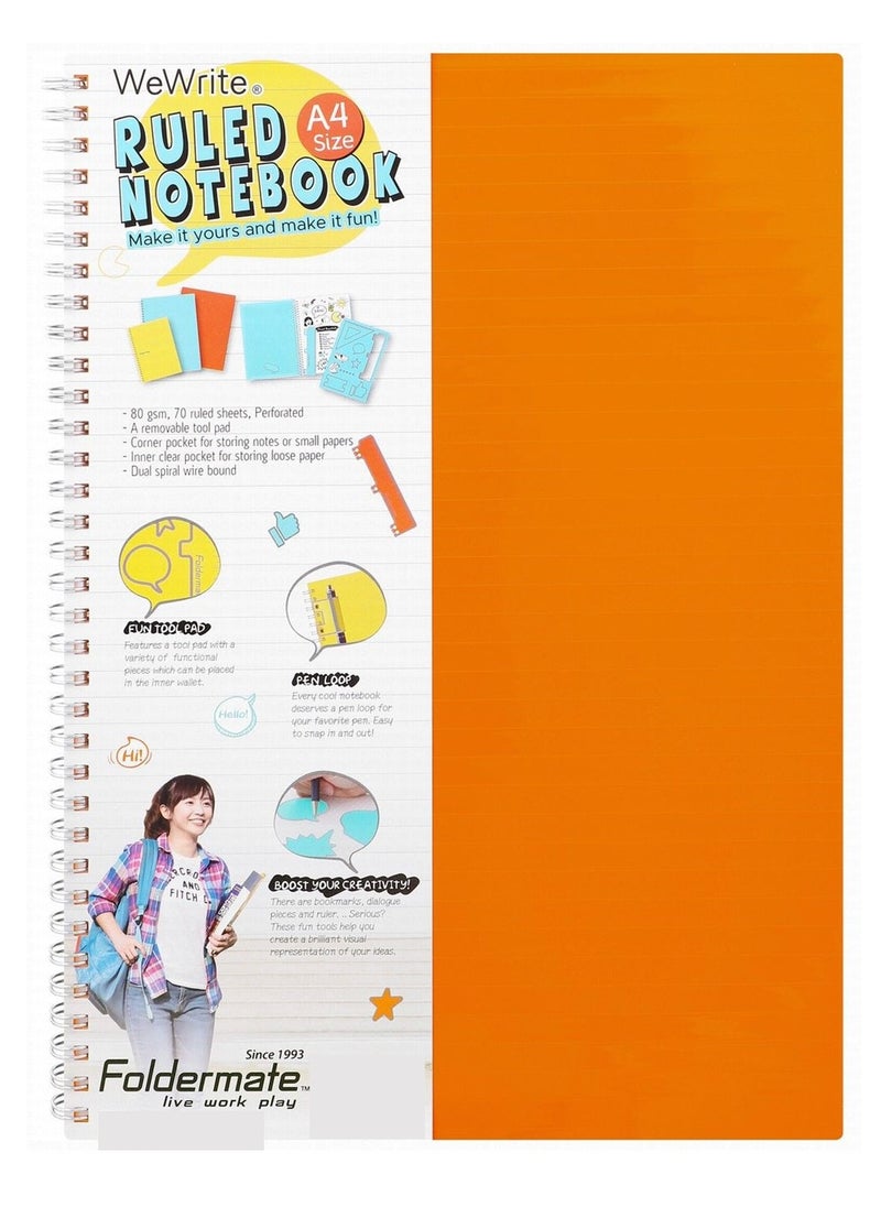 Foldermate - A4 Size Spiral Lined Notebook Orange Cover 70 Sheets - Image 1