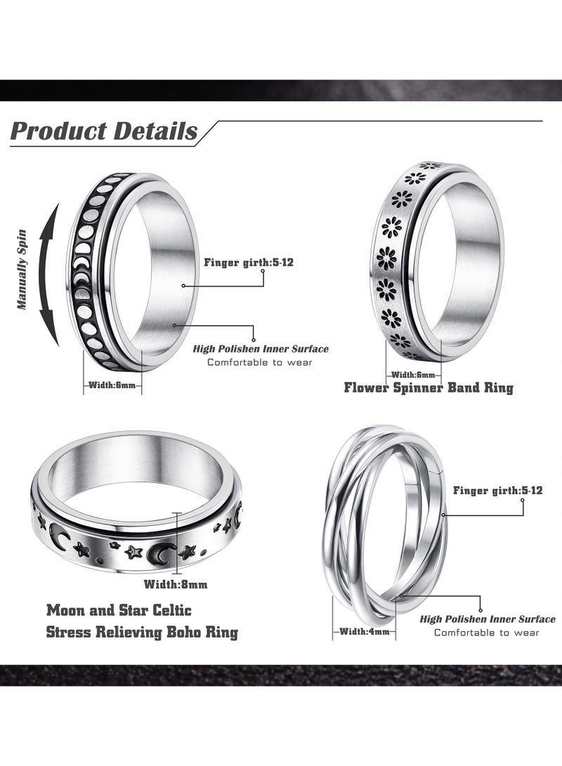 سيوسي 4 قطع من حلقات الدوارة المصنوعة من الفولاذ المقاوم للصدأ للنساء والرجال خواتم الفرقة فيدجيت لتخفيف التوتر على شكل القمر مجموعة خواتم وعد للزفاف واسعة - Image 2