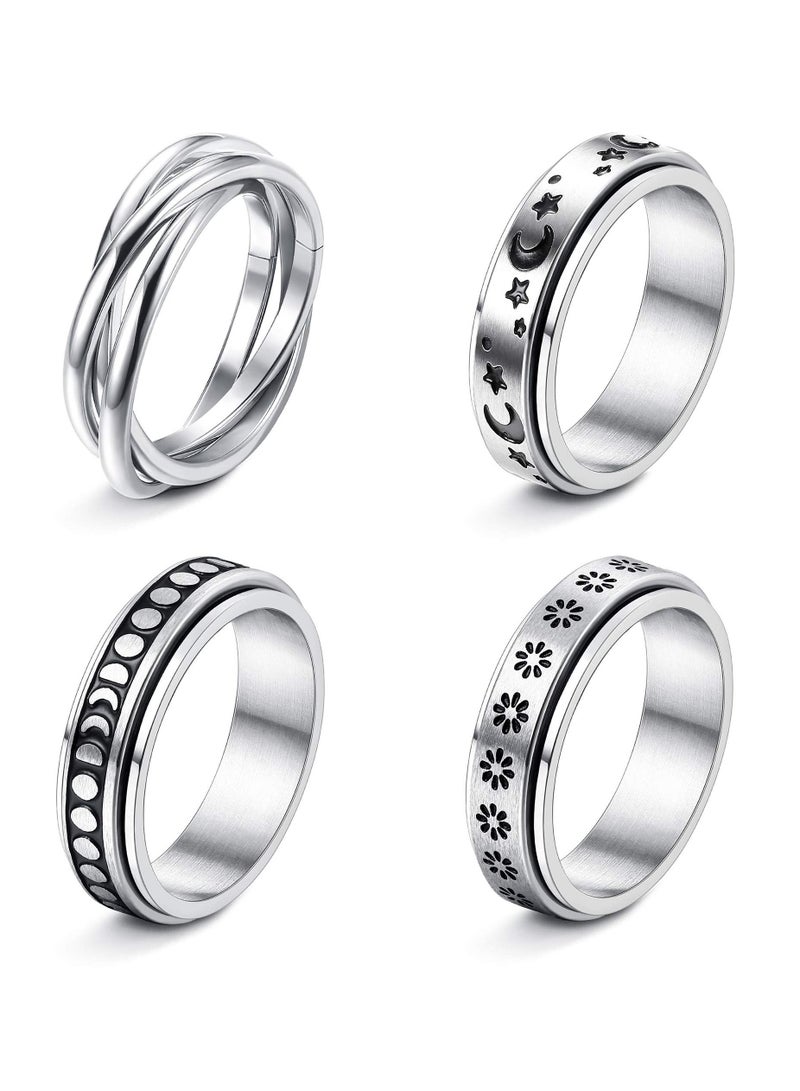 سيوسي 4 قطع من حلقات الدوارة المصنوعة من الفولاذ المقاوم للصدأ للنساء والرجال خواتم الفرقة فيدجيت لتخفيف التوتر على شكل القمر مجموعة خواتم وعد للزفاف واسعة - Image 1