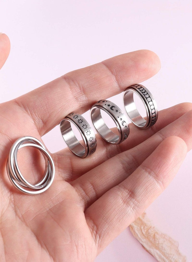 سيوسي 4 قطع من حلقات الدوارة المصنوعة من الفولاذ المقاوم للصدأ للنساء والرجال خواتم الفرقة فيدجيت لتخفيف التوتر على شكل القمر مجموعة خواتم وعد للزفاف واسعة - Image 3