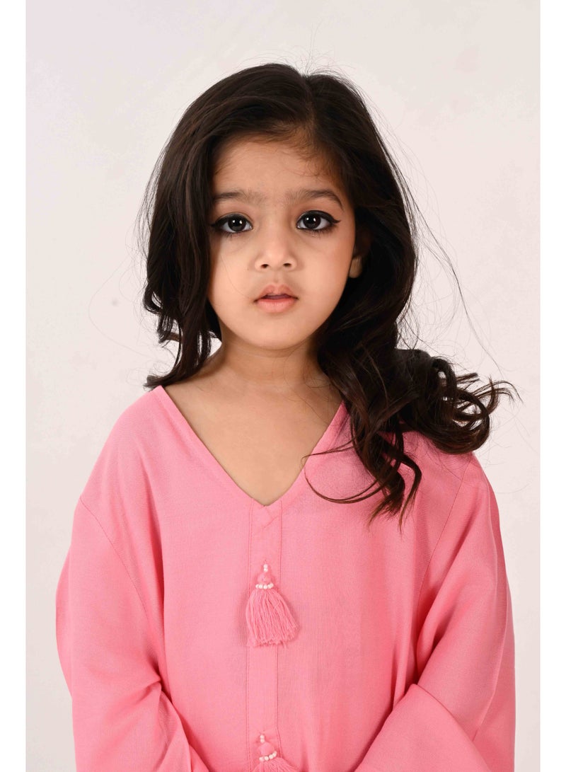 Linelle Kids Jalabiya – Pink Rayon Maxi with Full Loose Sleeves and Tassel Detailing - Image 4