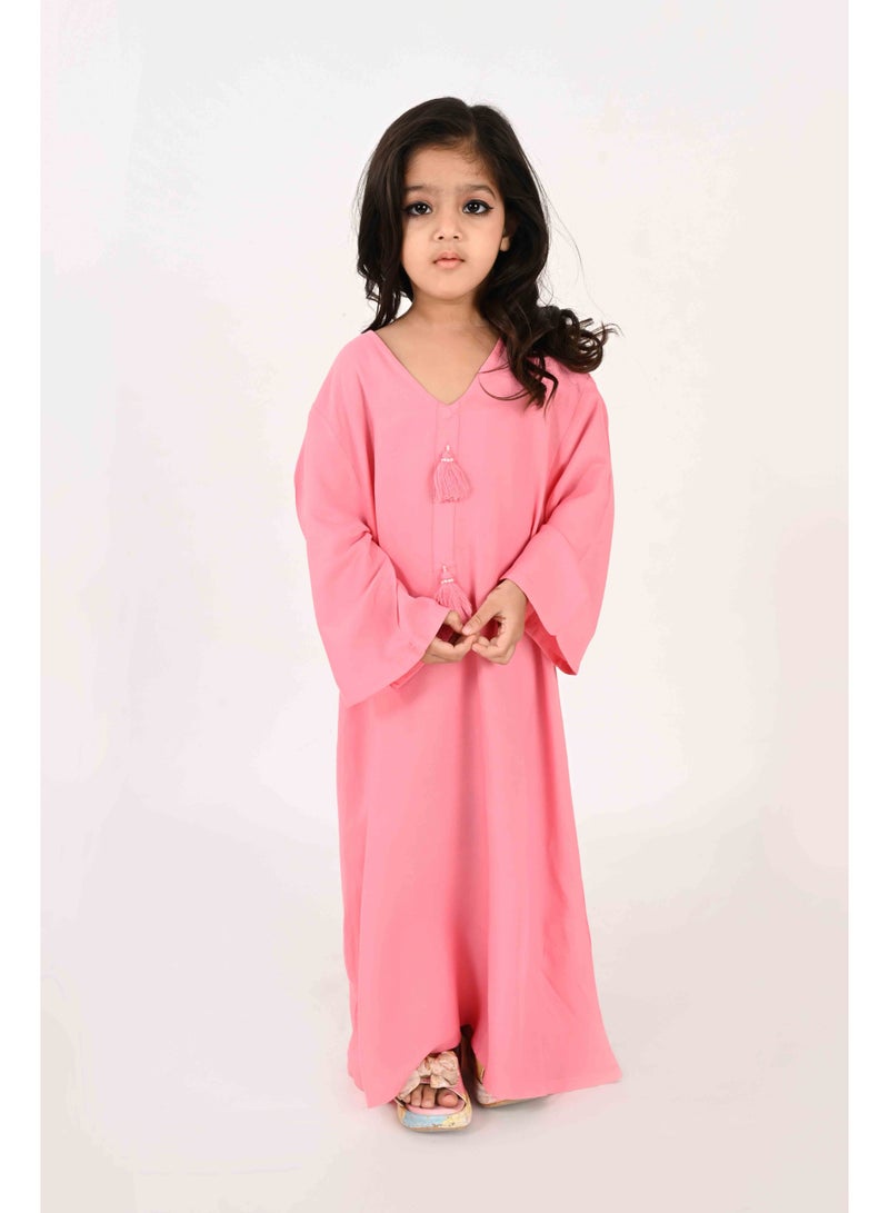 Linelle Kids Jalabiya – Pink Rayon Maxi with Full Loose Sleeves and Tassel Detailing - Image 1