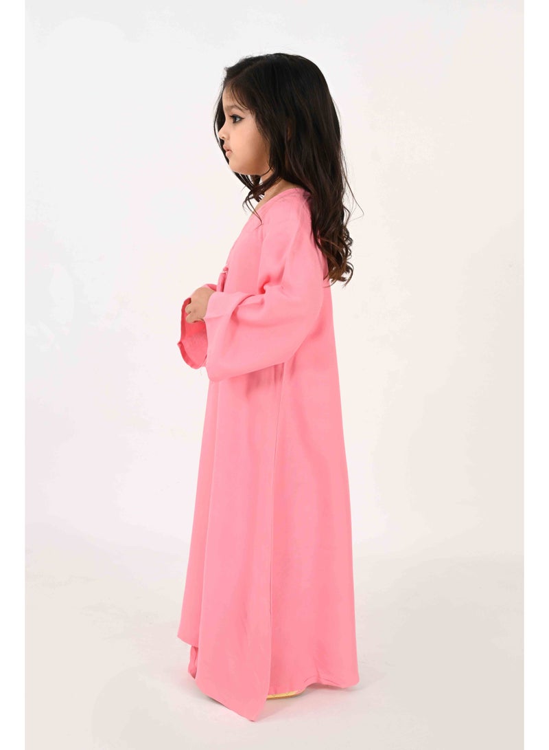 Linelle Kids Jalabiya – Pink Rayon Maxi with Full Loose Sleeves and Tassel Detailing - Image 2