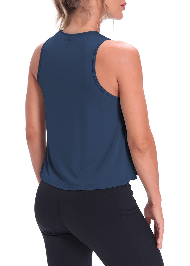 Mippo Workout Tops for Women High Neck Tank Cropped Workout Top Womens Muscle Tank Athletic T Shirts Crop Tees Navy Blue S - Image 3