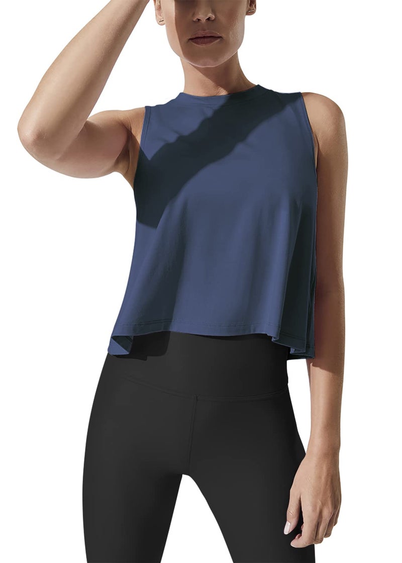 Mippo Workout Tops for Women High Neck Tank Cropped Workout Top Womens Muscle Tank Athletic T Shirts Crop Tees Navy Blue S - Image 1