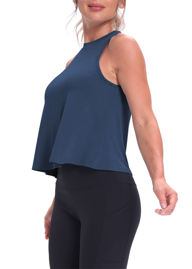 Mippo Workout Tops for Women High Neck Tank Cropped Workout Top Womens Muscle Tank Athletic T Shirts Crop Tees Navy Blue S - Image 4