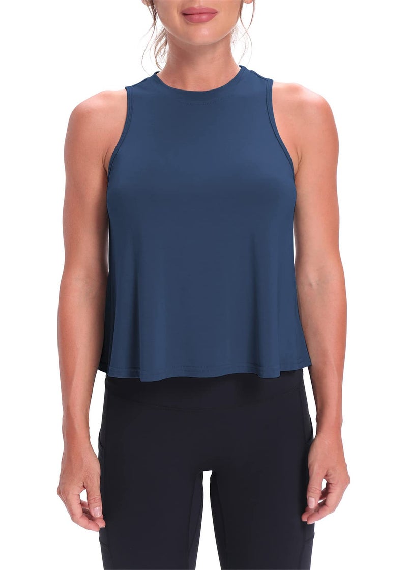 Mippo Workout Tops for Women High Neck Tank Cropped Workout Top Womens Muscle Tank Athletic T Shirts Crop Tees Navy Blue S - Image 2