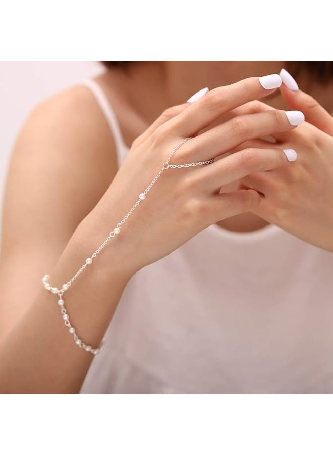 Pearl Hand Chain Ring Bracelet, Silver-Toned Chain , Fashion Jewellery for Women