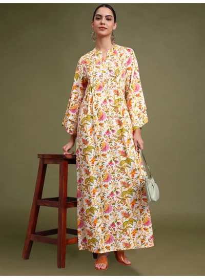 Alaya Women Floral Printed Rayon Jalabiya with Flared Sleeves-AL4005A