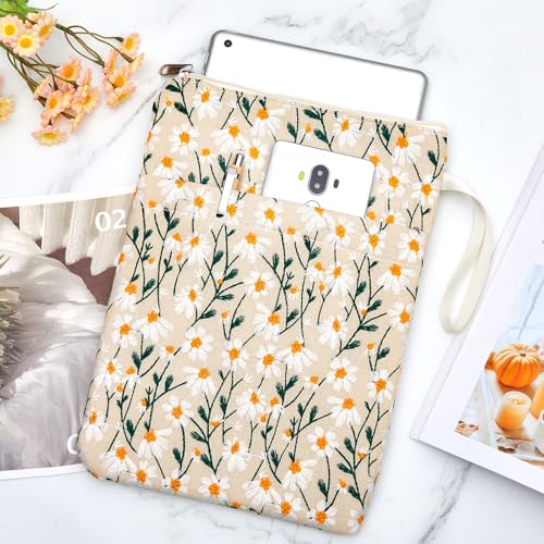 Yeyeplum 12''x9'' Daisy Embroidered Book Sleeve with Cotton Lining with Handle and Zipper Book Protector for Paperback and Hardcover, Christmas Ideal Gift Book Sleeve Pouch for Book Lovers(White) - Image 2