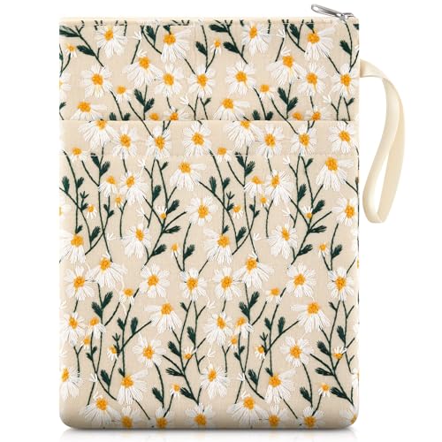 Yeyeplum 12''x9'' Daisy Embroidered Book Sleeve with Cotton Lining with Handle and Zipper Book Protector for Paperback and Hardcover, Christmas Ideal Gift Book Sleeve Pouch for Book Lovers(White) - Image 1