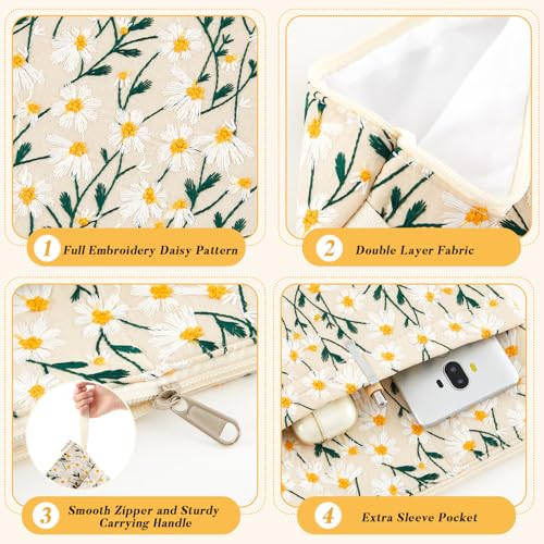 Yeyeplum 12''x9'' Daisy Embroidered Book Sleeve with Cotton Lining with Handle and Zipper Book Protector for Paperback and Hardcover, Christmas Ideal Gift Book Sleeve Pouch for Book Lovers(White) - Image 3