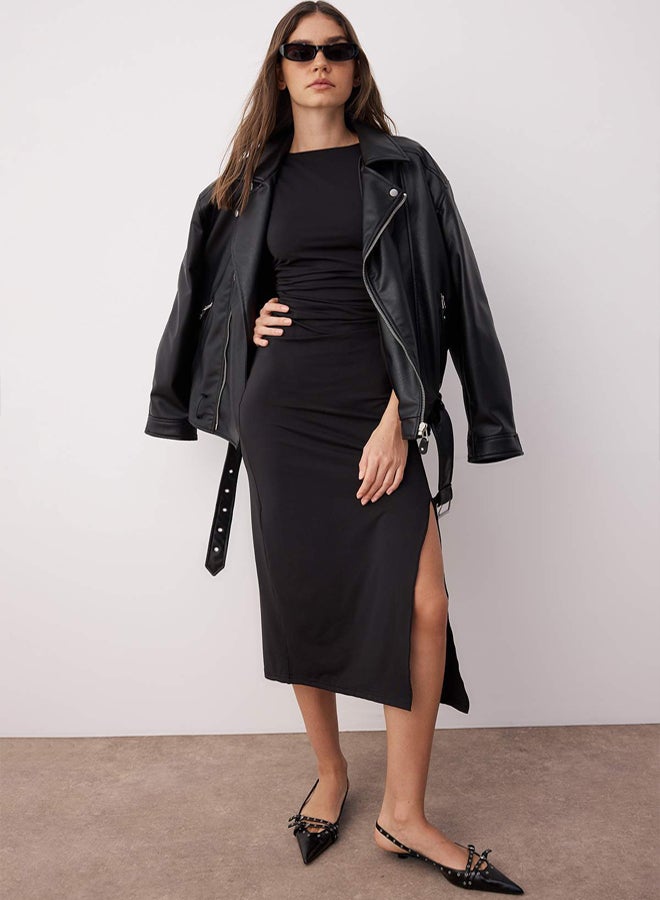 trendyol Black Gather Detail Bodycon Zero Sleeve Stretch Midi Knitted Dress - Image 1