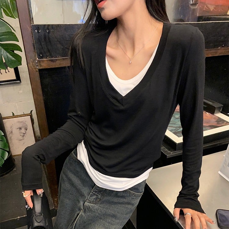 2024 T-Shirt Women'S Korean Style Comfortable Loose V-Neck Slimming Fake Two-Piece Design All-Match Long-Sleeved Top - Image 2