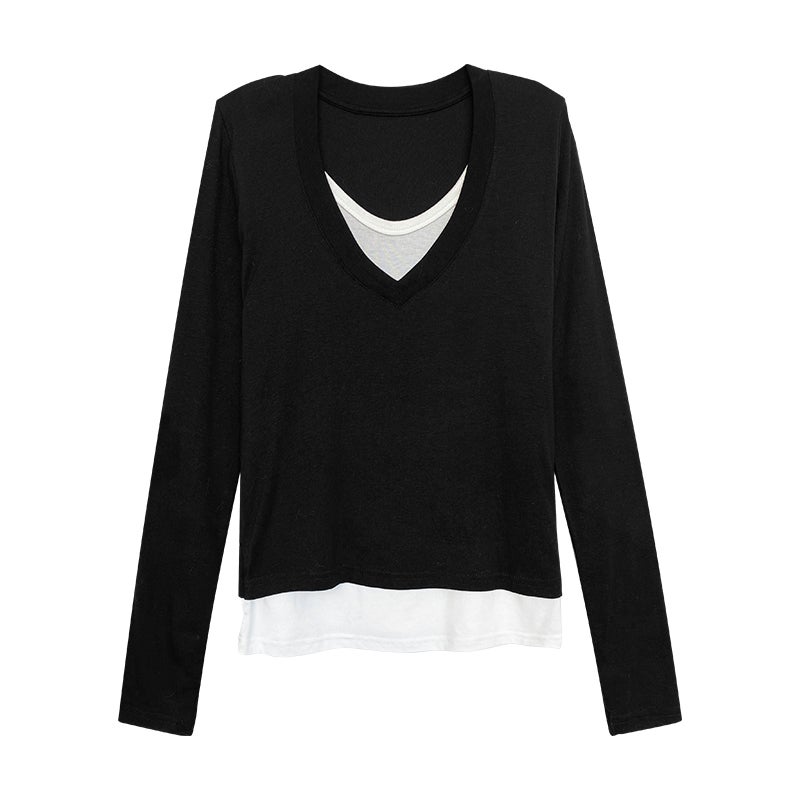 2024 T-Shirt Women'S Korean Style Comfortable Loose V-Neck Slimming Fake Two-Piece Design All-Match Long-Sleeved Top - Image 1