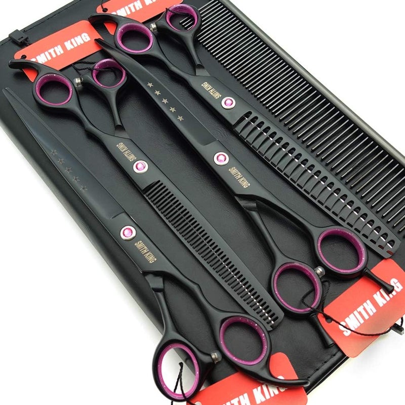 Smithking 8.0 inches Professional Dog Grooming Scissors Set Straight & thinning & Curved & chunkers 4pcs in 1 Set (with Comb) - Image 1