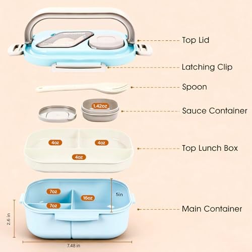 PEDECO Lunch Containers Bento Box Set for Adults & Kids with Insulated Bag, Leakproof 3-Compartment and 2-Tier Stackable Container with Portable Sauce Pod, Microwave/Dishwasher Safe, BPA-Free (Blue) - Image 2