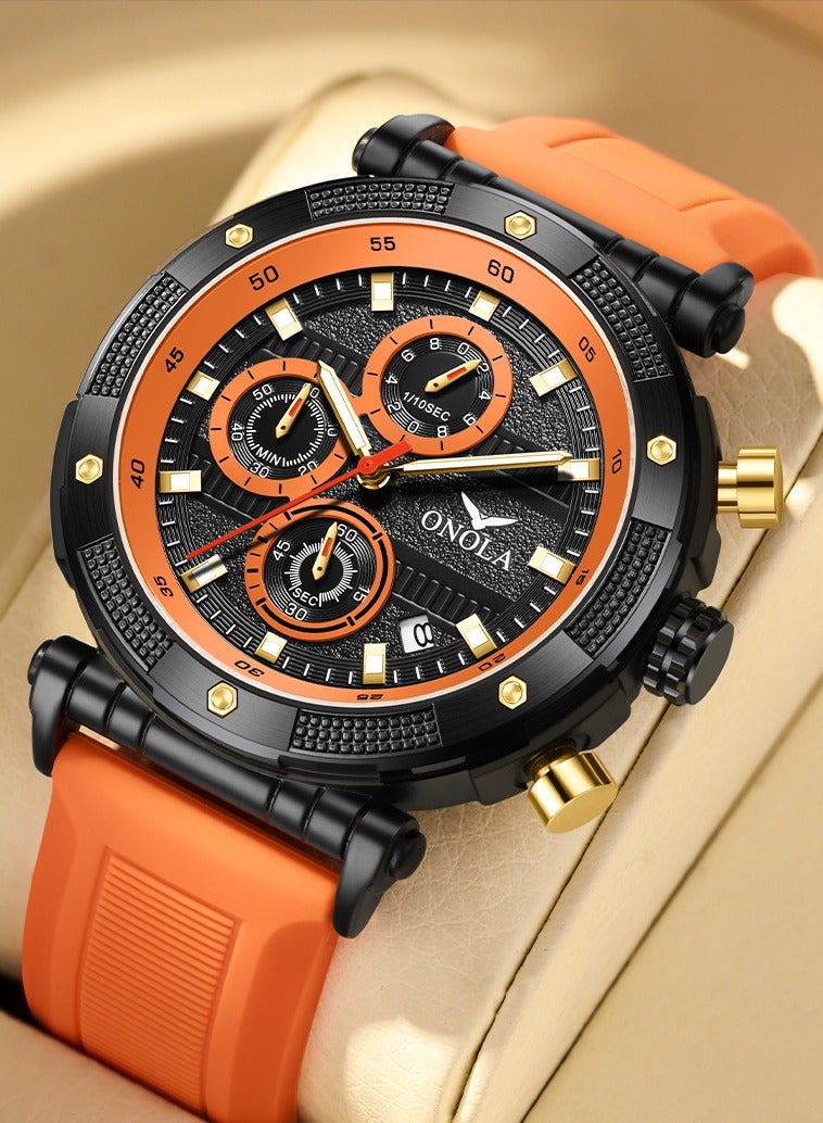 ONOLA ​​ONOLA Men's Multifunction Quartz Watch - Black Dial with Orange Silicone Strap, 30M Water Resistant, Sporty Casual Style, Perfect for Daily Wear, Gym & Outdoor Adventures​​ - Image 1
