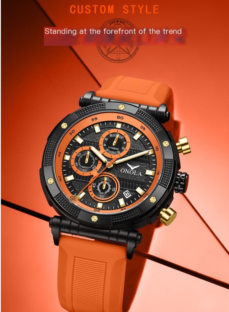 ONOLA ​​ONOLA Men's Multifunction Quartz Watch - Black Dial with Orange Silicone Strap, 30M Water Resistant, Sporty Casual Style, Perfect for Daily Wear, Gym & Outdoor Adventures​​ - Image 3